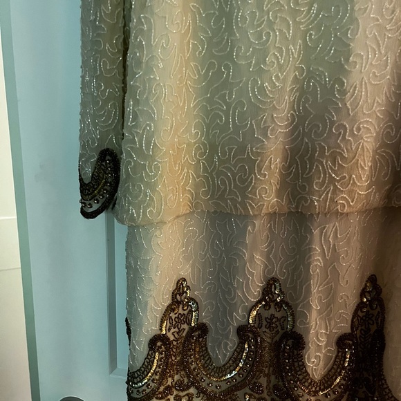 Vintage 💯 Silk Hand Beaded Dropped Waist Hand Beaded Midi Dress - Picture 4 of 10